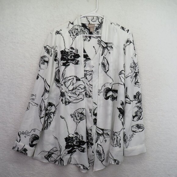 Chico's Tops - Chicos Shirt Womens Size Large Floral Print White Black Blouse Faux Cardigan